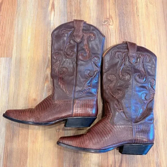 Nine West Vintage Brown Lizard Embossed Leather Cowboy Boots - Size 8 Women's